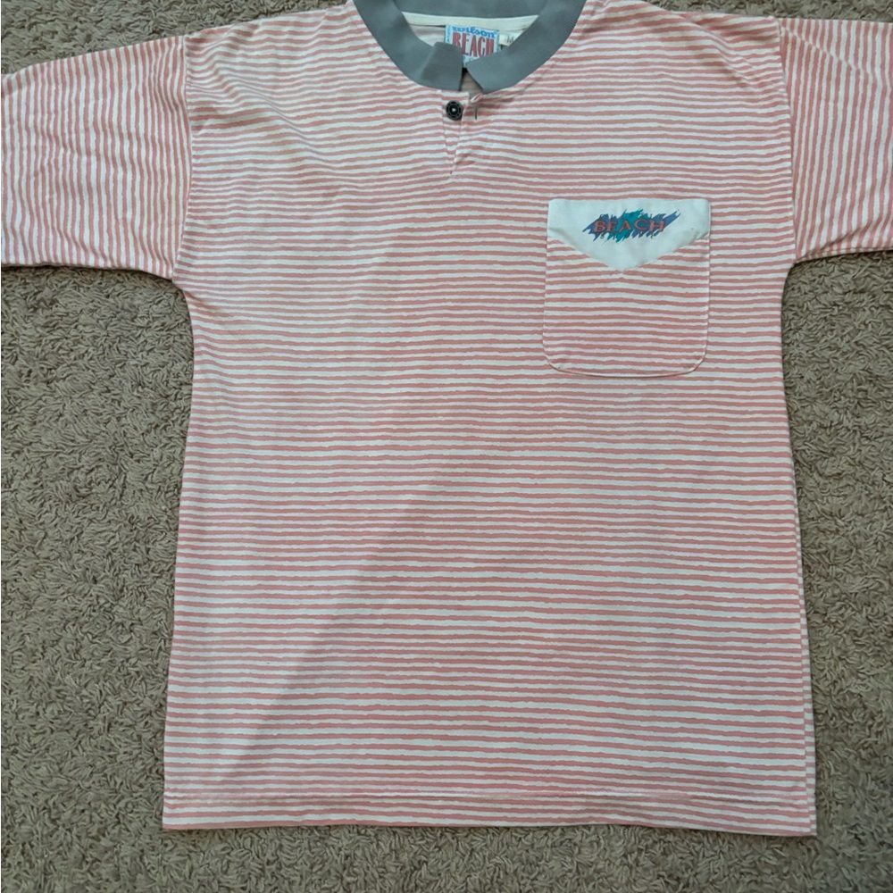 Wilson Beach Retro Vintage Pink and White Striped Mens Polo
